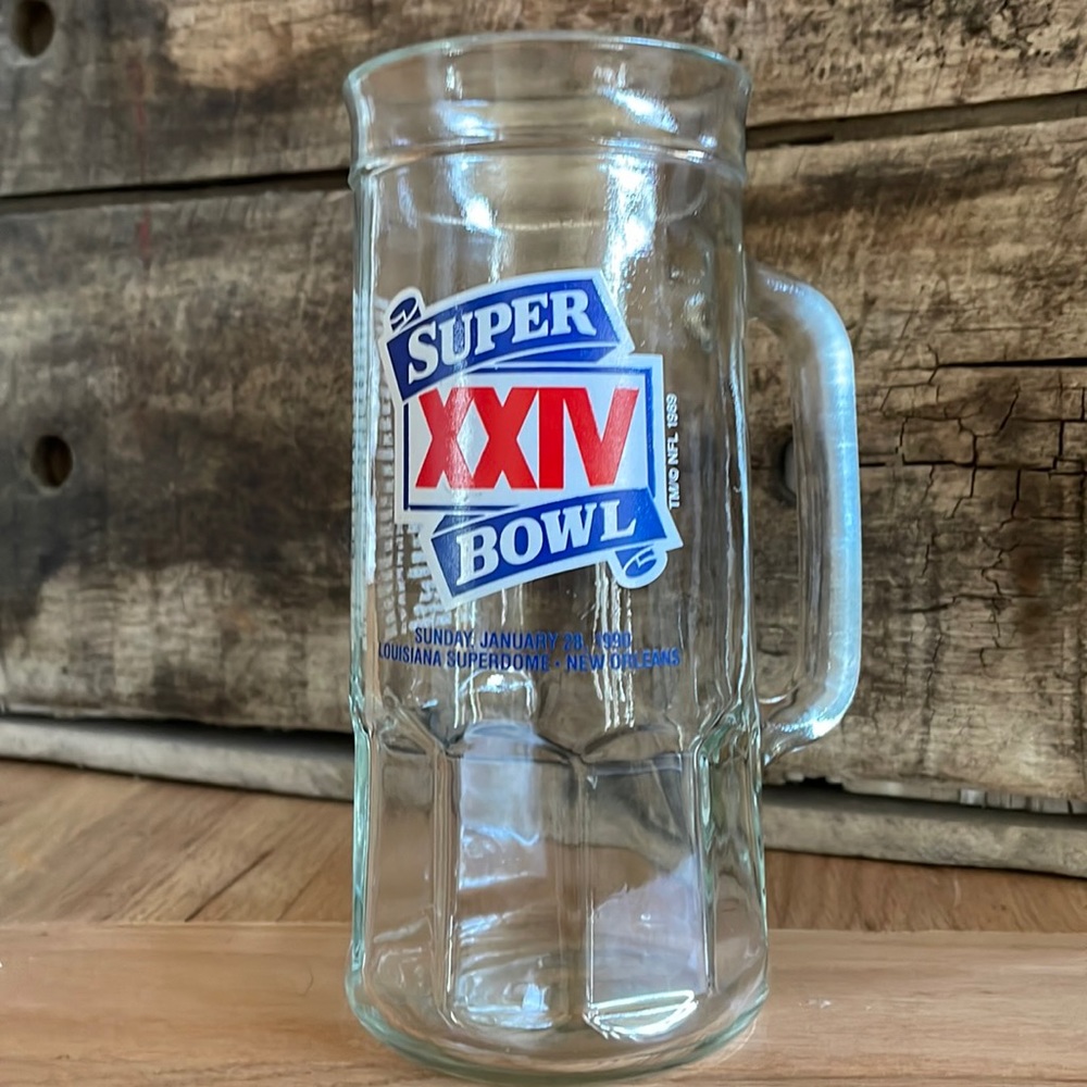 Super Bowl XXIV 1990 Beer Mug Drink Glass Fisher 20 oz. 49ers Broncos NFL